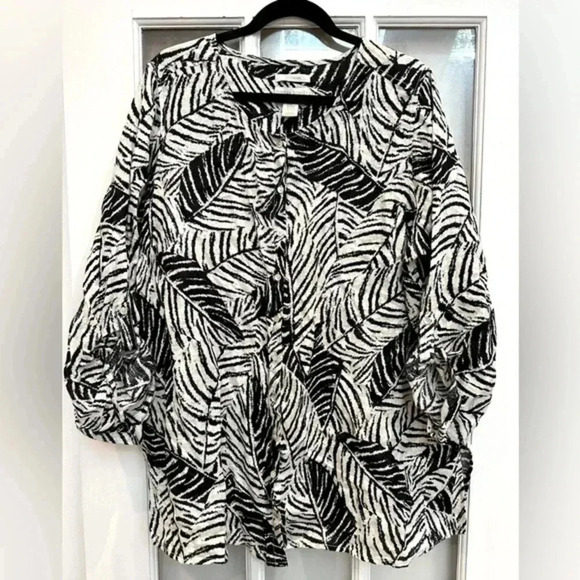Cynthia Rowley Button Down 100% Linen Tunic Blouse Plus Size 2X Black & Cream - Picture 1 of 10